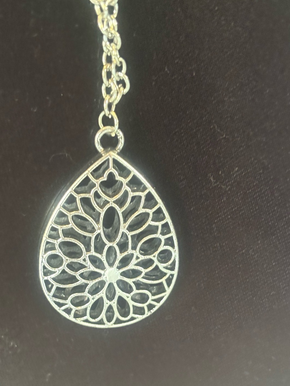 Silver Filigree Teardrop Pendant Necklace - Silver